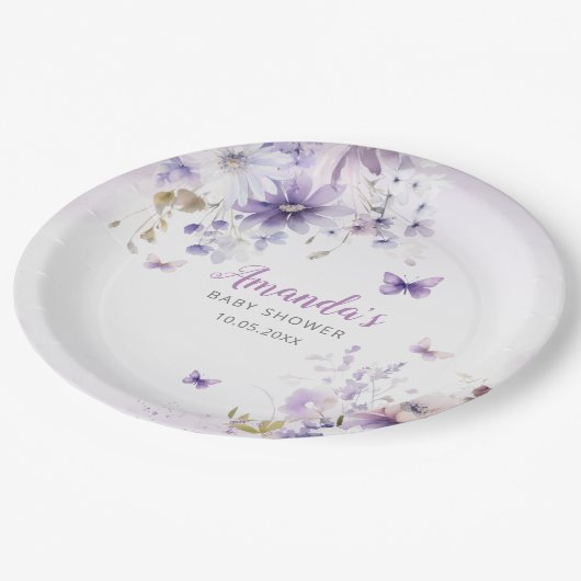 かわいい水色フローラバタフライガールベビーシャワー ペーパープレート (アングル)