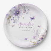 かわいい水色フローラバタフライガールベビーシャワー ペーパープレート (正面)