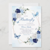 かわいい水色フローラバタフライガールベビーシャワー 招待状 (正面)