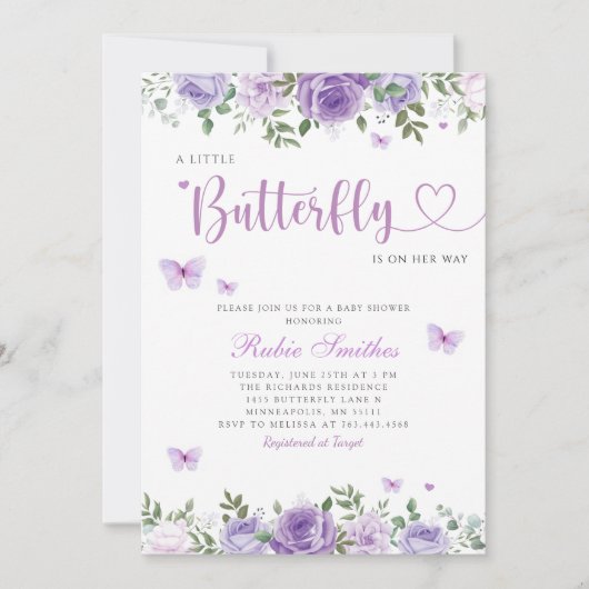 かわいい水色フローラバタフライガールベビーシャワー 招待状 (正面)