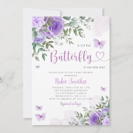 かわいい水色フローラバタフライガールベビーシャワー 招待状 (正面)