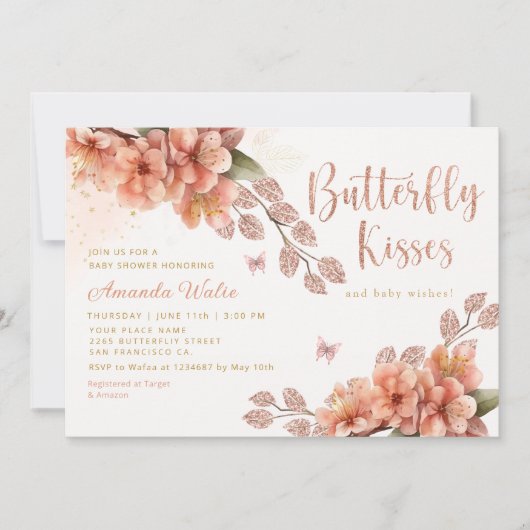 かわいい水色フローラバタフライガールベビーシャワー 招待状 (正面)