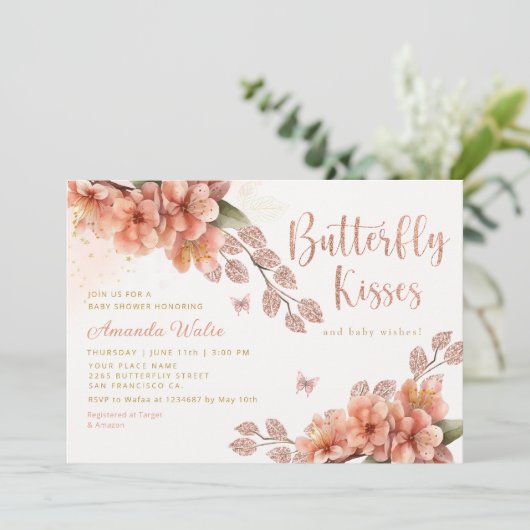 かわいい水色フローラバタフライガールベビーシャワー 招待状 (スタンド正面)