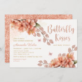 かわいい水色フローラバタフライガールベビーシャワー 招待状 (正面/裏面)