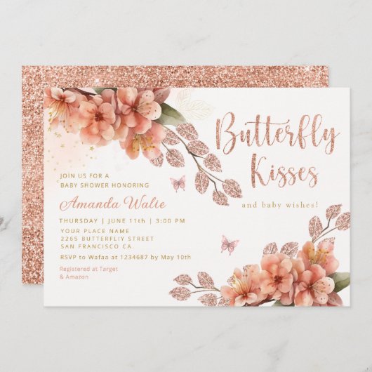 かわいい水色フローラバタフライガールベビーシャワー 招待状 (正面/裏面)