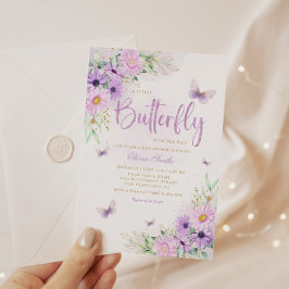 かわいい水色フローラバタフライガールベビーシャワー 招待状