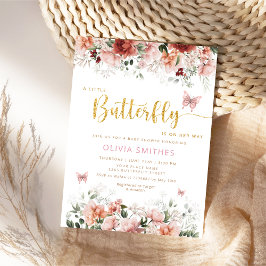 かわいい水色フローラバタフライガールベビーシャワー 招待状