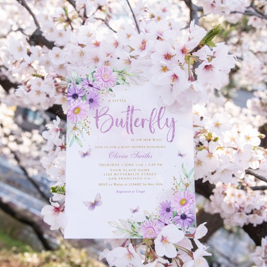 かわいい水色フローラバタフライガールベビーシャワー 招待状