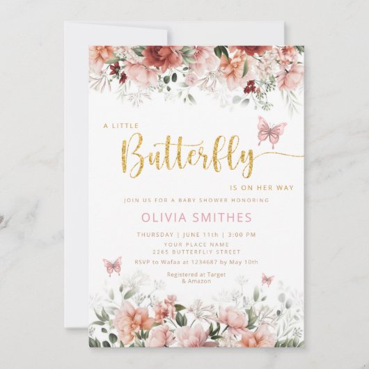 かわいい水色フローラバタフライガールベビーシャワー 招待状 (正面)