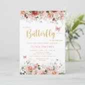 かわいい水色フローラバタフライガールベビーシャワー 招待状 (スタンド正面)