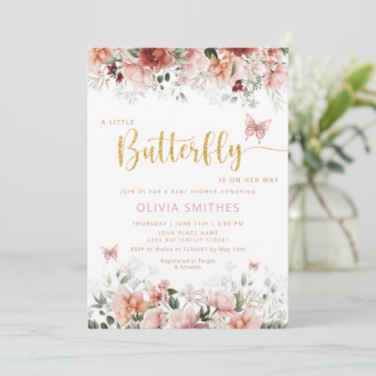 かわいい水色フローラバタフライガールベビーシャワー 招待状 (スタンド正面)