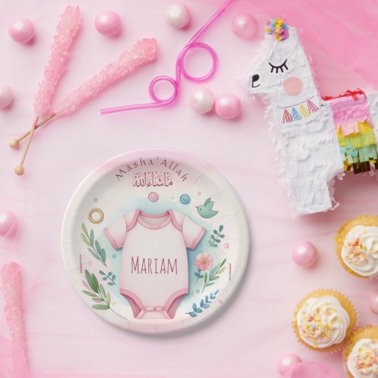 かわいい水色フローラルマスハライスラム赤ちゃん女の子 ペーパープレート (パーティー)