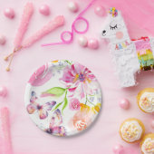 かわいい水色フローラ蝶紙プレート ペーパープレート (パーティー)