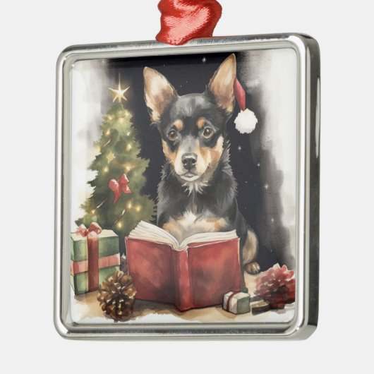かわいい水色ブラックタンクリスマスドッグ メタルオーナメント (左)