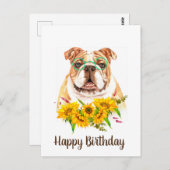 かわいい水色ブルドッグ&サンフラワーズ誕生日 ポストカード (正面/裏面)
