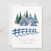 かわいい水色ブルーハウスツリーズカークリスマス シーズンカード (正面)