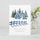 かわいい水色ブルーハウスツリーズカークリスマス シーズンカード (スタンド正面)