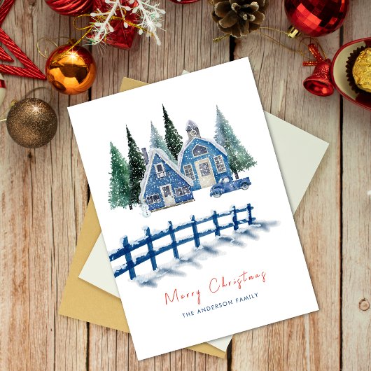かわいい水色ブルーハウスツリーズカークリスマス シーズンカード