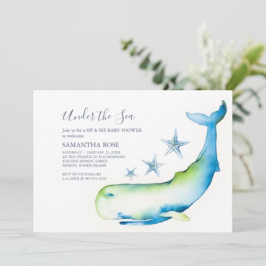 かわいい水色ブルーホエールシップと赤ちゃんシャワーを参照 招待状 (スタンド正面)