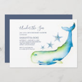 かわいい水色ブルーホエールシップと赤ちゃんシャワーを参照 招待状 (正面/裏面)