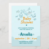 かわいい水色ブルーホエールボーイ赤ちゃんシャワー 招待状 (正面/裏面)