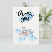 かわいい水色ブルーホワイトパイロットペンギン サンキューカード (スタンド正面)