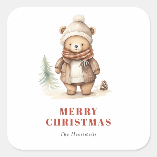 かわいい水色ベアーメリークリスマスホリデー スクエアシール (正面)