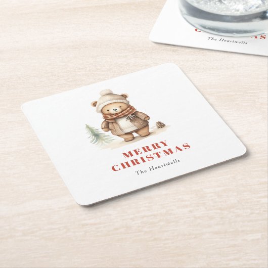 かわいい水色ベアーメリークリスマスホリデー スクエアペーパーコースター (アングル)