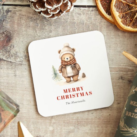 かわいい水色ベアーメリークリスマスホリデー スクエアペーパーコースター
