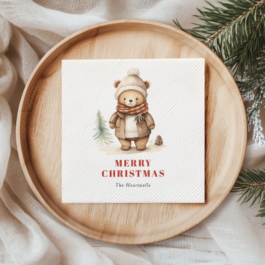 かわいい水色ベアーメリークリスマスホリデー スタンダードカクテルナプキン