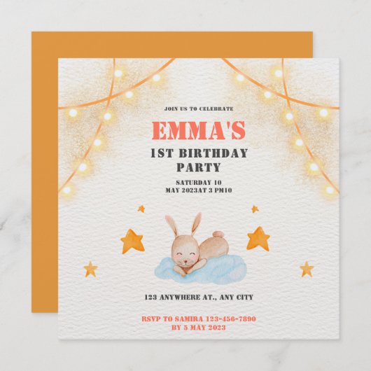 かわいい水色ベビーウサギ1st誕生日パーティー 招待状 (正面/裏面)