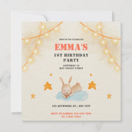 かわいい水色ベビーウサギ1st誕生日パーティー 招待状