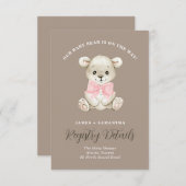 かわいい水色ベビークマのピンクの弓ギフトレジストリ 案内状 (正面/裏面)