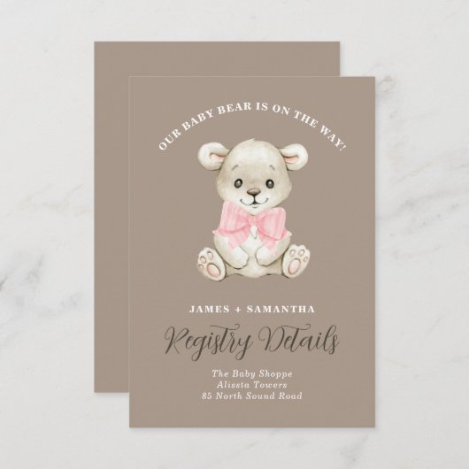 かわいい水色ベビークマのピンクの弓ギフトレジストリ 案内状 (正面/裏面)