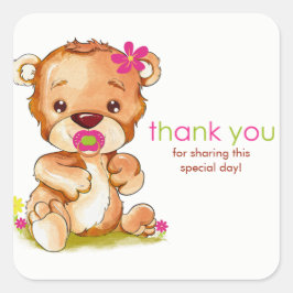 かわいい水色ベビーベアーガールサンキュー スクエアシール