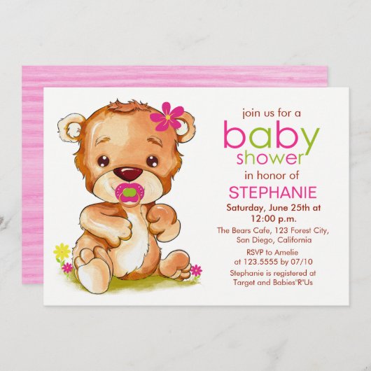 かわいい水色ベビーベアーガールベビーシャワー 招待状 (正面/裏面)