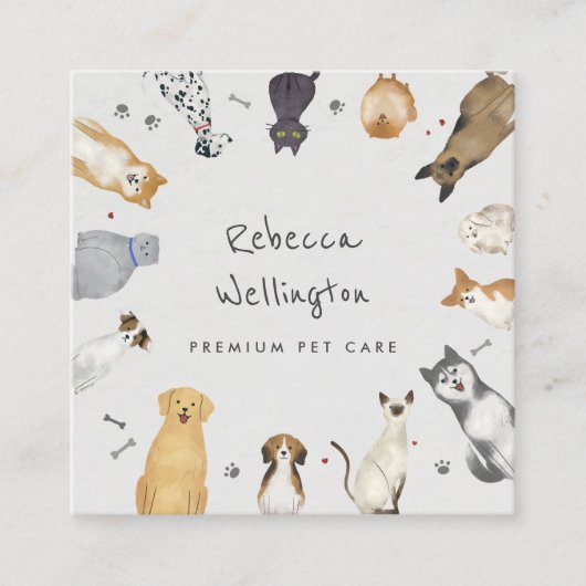 かわいい水色ペット犬猫シッタードッグウォーカー スクエア名刺 (正面)
