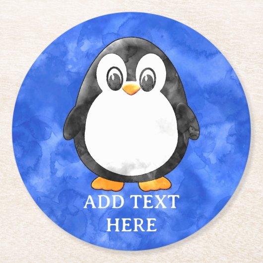 かわいい水色ペンギンブルー ラウンドペーパーコースター (正面)