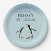 かわいい水色ペンギン北極誕生日 ペーパープレート (正面)