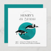 かわいい水色ペンギン北極誕生日 招待状 (正面/裏面)