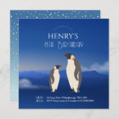 かわいい水色ペンギン北極誕生日 招待状 (正面/裏面)