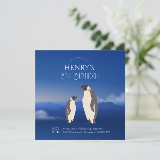 かわいい水色ペンギン北極誕生日 招待状 (スタンド正面)