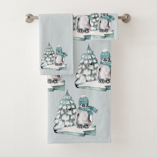 かわいい水色ペンギン北極雪松 バスタオルセット (インサイチュ)