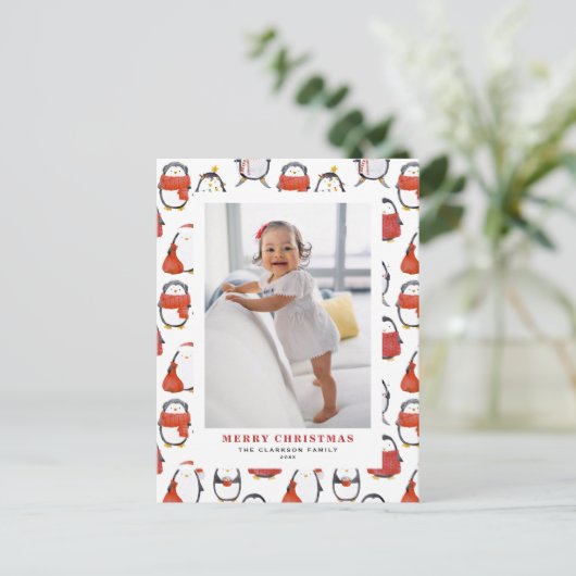 かわいい水色ペンギン柄クリスマスフォト シーズンポストカード (スタンド正面)