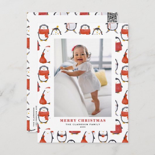 かわいい水色ペンギン柄クリスマスフォト シーズンポストカード (正面/裏面)