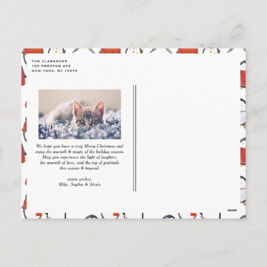 かわいい水色ペンギン柄クリスマスフォト シーズンポストカード (裏面)