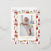 かわいい水色ペンギン柄クリスマスフォト 箔シーズンポストカード (正面/裏面)