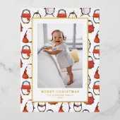 かわいい水色ペンギン柄クリスマスフォト 箔シーズンポストカード (正面)