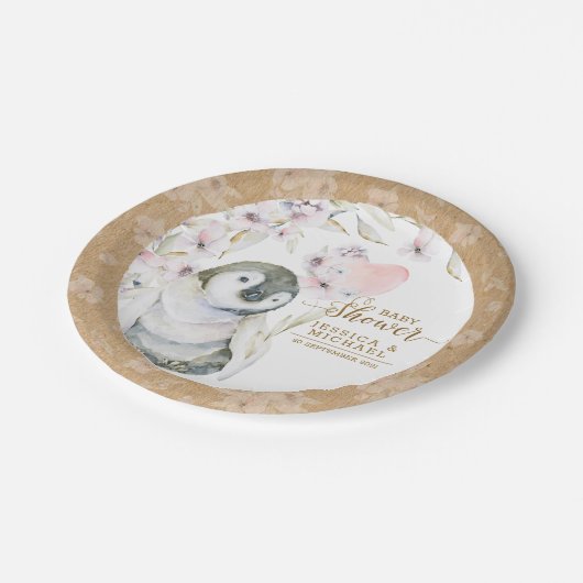 かわいい水色ペンギン男女兼用ベビーシャワー ペーパープレート (アングル)