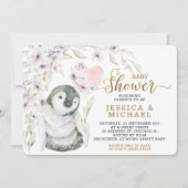 かわいい水色ペンギン男女兼用ベビーシャワー 招待状 (正面)